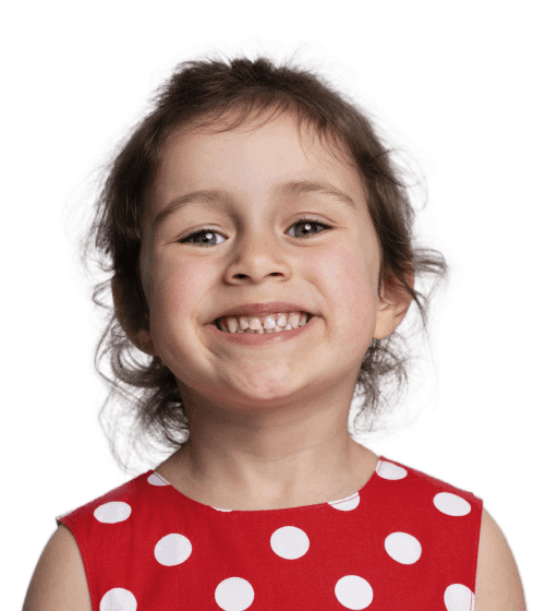 Happy young girl in polka dot dress smiling.