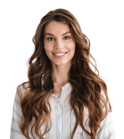 Smiling woman with long hair, white shirt, isolated background.